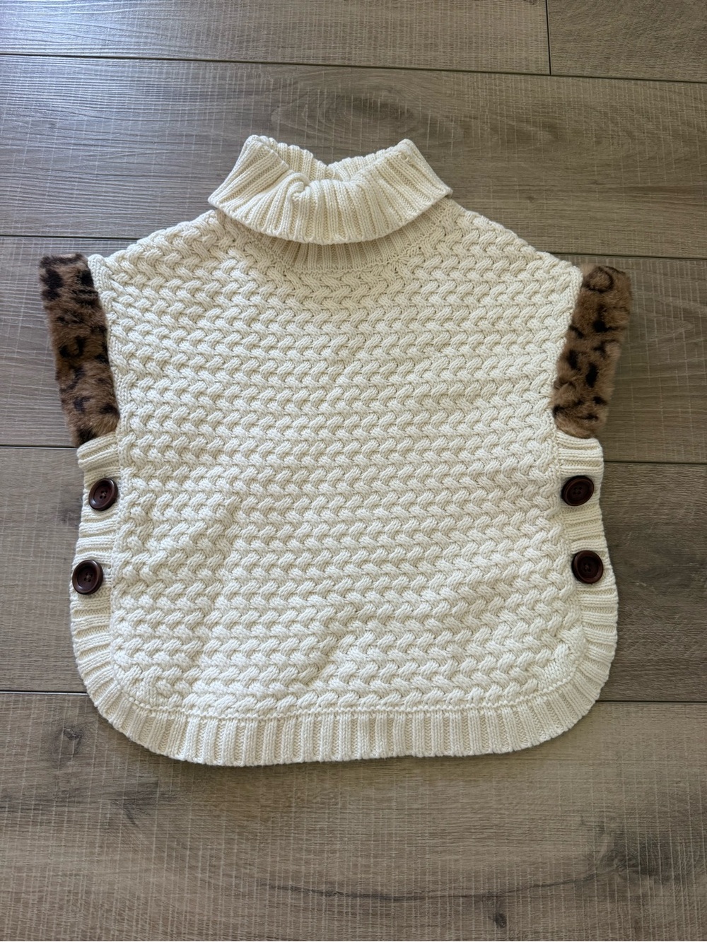ASPEN kids Cream Cable Knit Turtleneck Sweater Vest with Leopard Trim